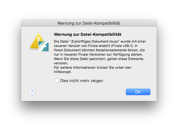Dialogbox Warnung zur Dateikompatibilitä